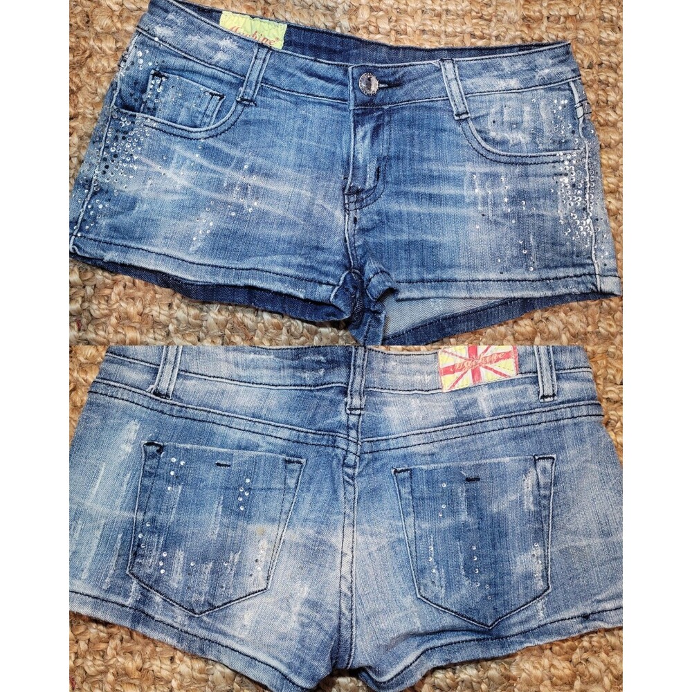 Machine Low Rise Micro Mini Jean Denim Shorts Bling Rhinestone Rave Y2K 4 MEDIUM